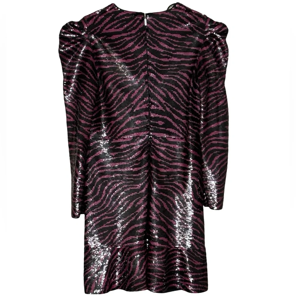 Michael Kors Zebra Sequin Mini Dress Berry Black Puff Sleeve Belted MH98Z39DFP L